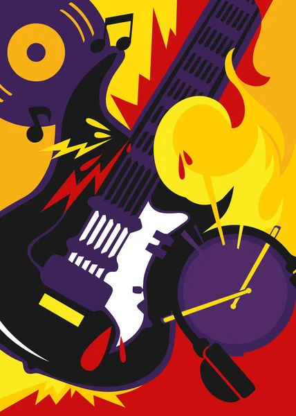 Rock music poster with guitar and drum. — Stock Vector