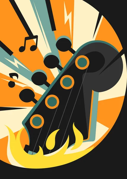 Αφίσα ροκ μουσικής με κιθάρα στη φωτιά. — Διανυσματικό Αρχείο