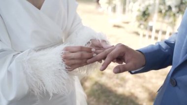 Yeşil bir parkta düğün töreni. Gelin ve damat birbirlerinin parmağına yüzük taktılar. Düğün sembolleri ve gelenekler. Yeni evlilerin elleri yakın planda..