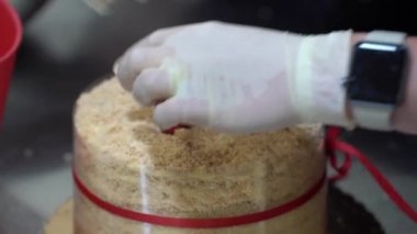 Pasta şefi ev yapımı bir pasta hazırlıyor. Mutfak, pişirme konsepti. Kremalı kekler. Pastanın adı NAPOLEON .