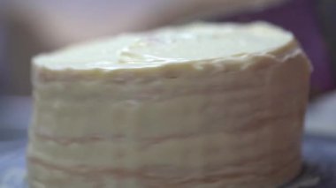 Pasta şefi ev yapımı bir pasta hazırlıyor. Mutfak, pişirme konsepti. Kremalı kekler. Pastanın adı NAPOLEON .