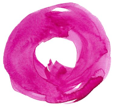 Kuru fırçayla boyanmış çemberin suluboya dairesi mor çizimi. El çizimi suluboya sembolü. Kalıplaşmış. Mürekkep. Pembe, mor, renk değişimi. Parlak grungy tasarım ögesi.