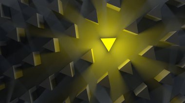 Koyu bir arka planda gri basit prizmalar arasında birleşen olağanüstü sarı prizma. Bir numaradan beklenen minimum düz konum yarışması. Bir fikrin 3 boyutlu görüntülemesi 3 boyutlu resimleme.