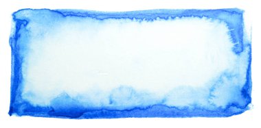 Kağıt üzerine fırçayla çizilmiş mavi leke tasarımı için suluboya dikdörtgen element. Beyaz arkaplanda izole.