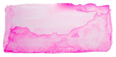 Kağıt boya taşması üzerine fırçayla çizilmiş tasarım lekesi için suluboya pembe dikdörtgen element. Beyaz arkaplanda izole.