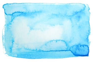 Kağıt üzerine fırçayla çizilmiş mavi leke tasarımı için suluboya dikdörtgen element. Beyaz arkaplanda izole.