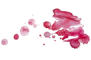 Suluboya boya damlaları. Beyaz arka plandaki kırmızı leke izole edildi. Boya ve suluboya kağıt desenli elementler. Kartpostal ve baskı tasarımı için arkaplan.