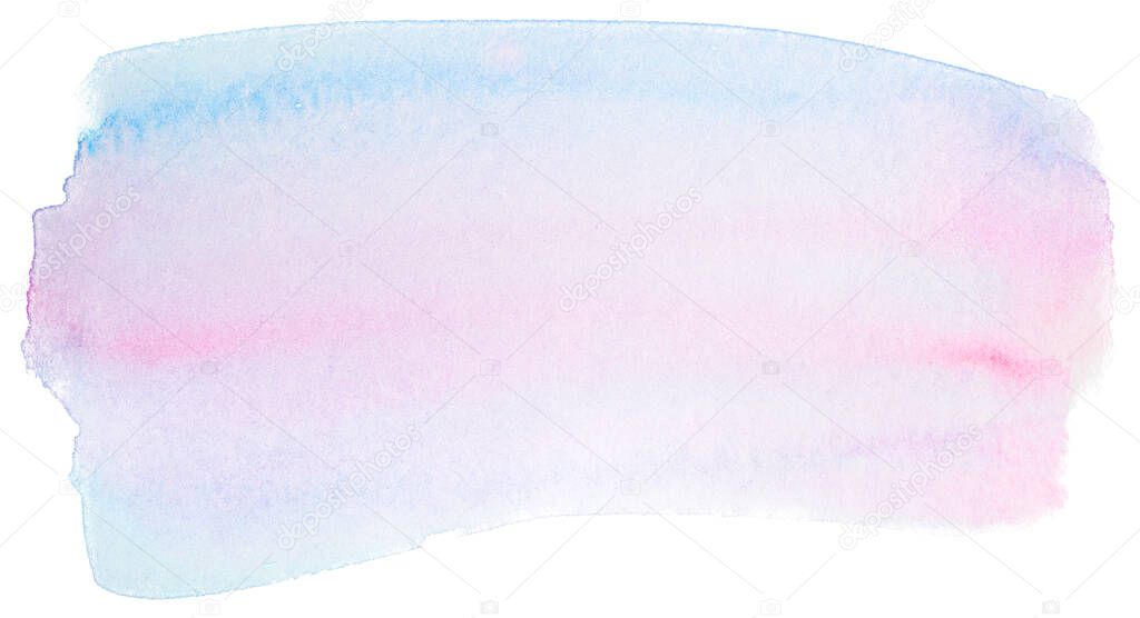 light blue with pink overflow watercolor stain with watercolor texture on paper. on a white background isolated background element for design.