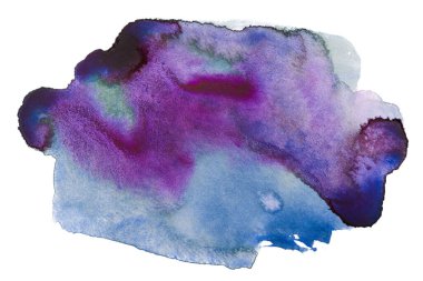 Beyaz zemin üzerindeki suluboya mor mavi leke izole edilmiş. Boya ve suluboya kağıt desenli elementler. Kartpostal ve baskı tasarımı için arkaplan.