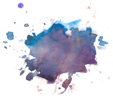 Suluboya boya damlaları. Beyaz arka plandaki leke izole edildi. Boya ve suluboya kağıt desenli elementler. Kartpostal ve baskı tasarımı için arkaplan.