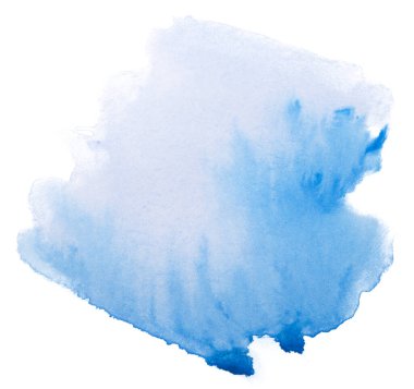 Beyaz zemin üzerindeki suluboya parlak mavi leke izole edildi. Boya ve suluboya kağıt desenli elementler. Kartpostal ve baskı tasarımı için arkaplan.