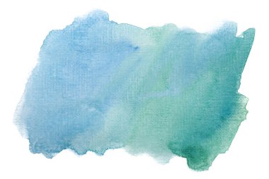 Beyaz arka planda mavi suluboya lekesi izole edilmiş. Boya ve suluboya kağıt desenli elementler. Kartpostal ve baskı tasarımı için arkaplan.