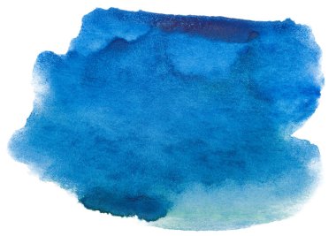 Beyaz arka planda suluboya mavi leke izole edildi. Boya ve suluboya kağıt desenli elementler. Kartpostal ve baskı tasarımı için arkaplan.