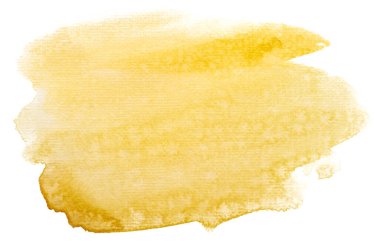 Beyaz arka planda sarı suluboya lekesi izole edilmiş. Boya ve suluboya kağıt desenli elementler. Kartpostal ve baskı tasarımı için arkaplan.