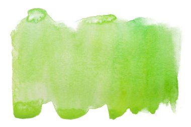 Beyaz arka planda suluboya yeşil leke izole edildi. Boya ve suluboya kağıt desenli elementler. Kartpostal ve baskı tasarımı için arkaplan.