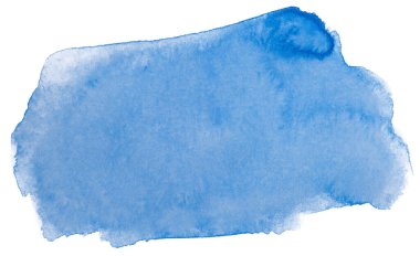 Beyaz arka planda suluboya mavi leke izole edildi. Boya ve suluboya kağıt desenli elementler. Kartpostal ve baskı tasarımı için arkaplan.