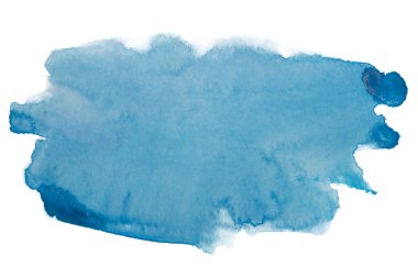 Beyaz arka planda suluboya mavi leke izole edildi. Boya ve suluboya kağıt desenli elementler. Kartpostal ve baskı tasarımı için arkaplan.