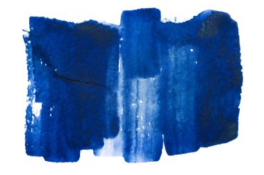 Beyaz arka planda suluboya mavi leke izole edildi. Boya ve suluboya kağıt desenli elementler. Kartpostal ve baskı tasarımı için arka plan. mürekkep fırçası vuruşu