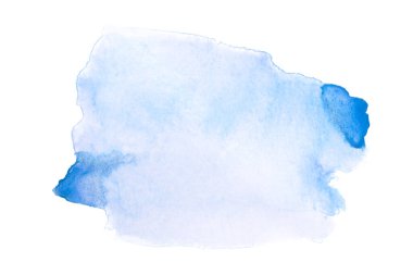 Beyaz zemin üzerindeki suluboya parlak mavi leke izole edildi. Boya ve suluboya kağıt desenli elementler. Kartpostal ve baskı tasarımı için arkaplan.