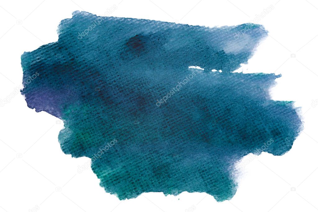 Watercolor dark blue aquamarine stain on white background isolated. Element with paint and watercolor paper texture. Background for design of postcards and print.