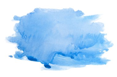 Suluboya mavi leke, boya ve kağıt desenli. Tasarım, model, yüksek çözünürlüklü kartpostallar ve pankartlar için izole edilmiş beyaz bir arka planda. Kağıt üzerinde elle çizilmiş.