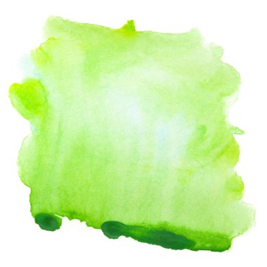 Suluboya yeşil leke, boya ve kağıt desenli. Tasarım, model, yüksek çözünürlüklü kartpostallar ve pankartlar için izole edilmiş beyaz bir arka planda. Kağıt üzerinde elle çizilmiş.