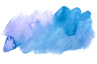 Suluboya mavi leke, boya ve kağıt desenli. Tasarım, model, yüksek çözünürlüklü kartpostallar ve pankartlar için izole edilmiş beyaz bir arka planda. Kağıt üzerinde elle çizilmiş.