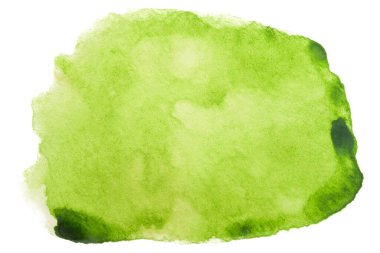 Suluboya yeşil leke, boya ve kağıt desenli. Tasarım, model, yüksek çözünürlüklü kartpostallar ve pankartlar için izole edilmiş beyaz bir arka planda. Kağıt üzerinde elle çizilmiş.