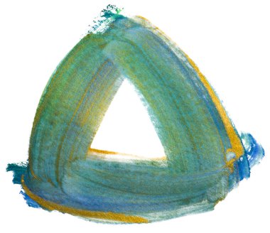 Kağıda elle çizilmiş yuvarlak kenarlı geometrik şekilli suluboya altın rengi yeşil üçgen şekil. Beyazda izole edilmiş.