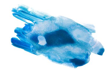 Beyaz zemin üzerinde kağıt dokusu olan mavi suluboya leke izole edilmiş. el çizimi.
