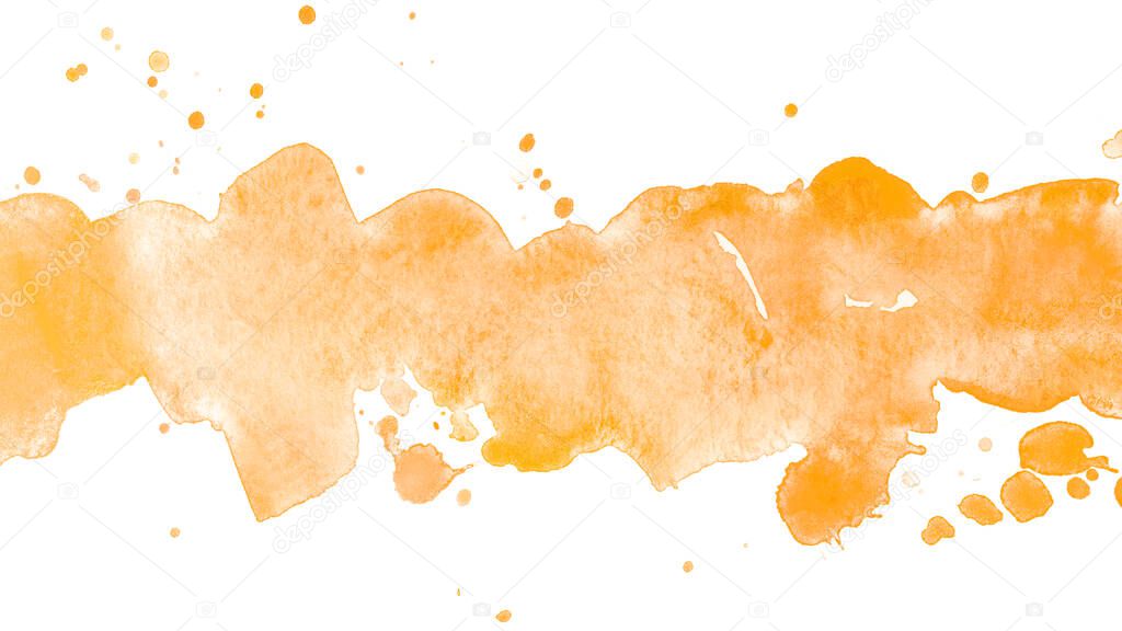 orange watercolor stripe background with specks of paint drops horizontal band and splashes background for postcard, print, design, element