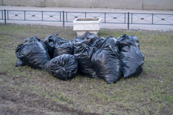 Spring Cleaning Black Plastic Trash Bags Full Garbage — Stock Photo, Image