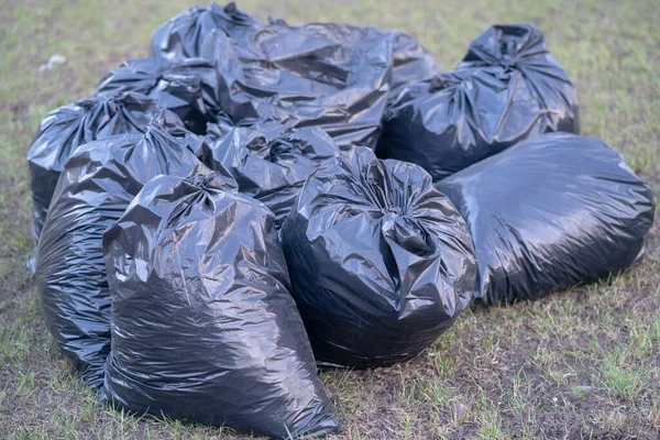 春の掃除ゴミでいっぱいの黒いビニール袋 公園の掃除 — ストック写真