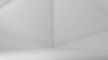Geometrik köşeli beyaz duvar ve zemin arka plan. Soyut beyaz 3D iç döşeme ve duvarda çokgen desenler. 3d illüstrasyon