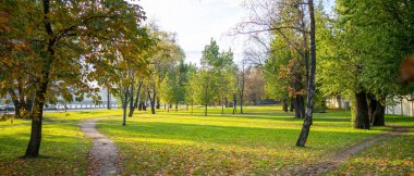 Ağaçlı ve yapraklı sonbahar parkı
