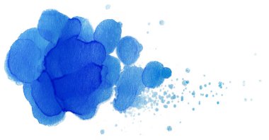 Beyaz arkaplanda damlacıklar süzülen mavi suluboya lekesi izole edilmiş