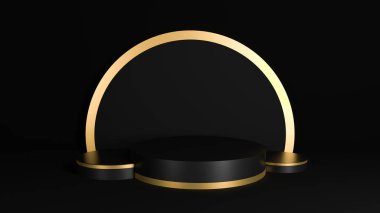 Siyah beyaz ve altın renkli ürün kaideyi gösteriyor. Lüks konsept Soyut geometrik arkaplan, Çember çerçeve, Podyum, Stand, 3B Hazırlama.