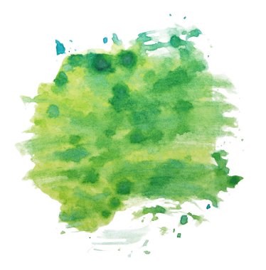 Suluboya yeşil leke. İzole edilmiş beyaz arkaplandaki kağıt fotoğraftaki suluboya dokusu