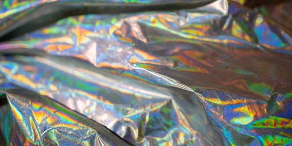 Iridescent Fabric Holographic Background Crumpled Surface Shiny Metallic Foil — Stock Photo, Image