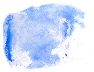 Kağıt üzerinde mavi suluboya leke. Beyaz arkaplanda tasarım ögesi.