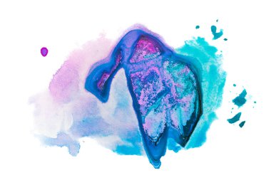 Aquamarine suluboya lekeli soyut mavi, grunge damlaları sıçramış. Tasarım düzeni için izole edilmiş bir suluboya damla ögesi üzerinde.