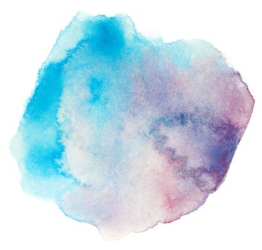 Soyut mavi menekşe suluboya lekesi, grunge damlaları sıçrıyor. Tasarım düzeni için izole edilmiş bir suluboya damla ögesi üzerinde.