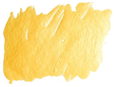 Akrilik boya lekesi. Beyaz arkaplan izole şablonunda desenli altın boya fırçası darbeleri