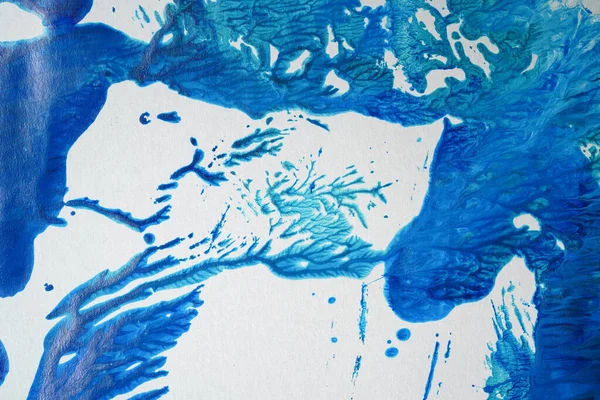Modrá Akrylová Barva Papíře Pozadí Ručně Malovaných Skvrn — Stock fotografie