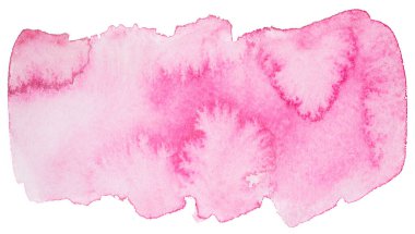 Beyaz arka plandaki suluboya pembe leke izole. Kağıt üzerine fırçayla suyla çizilmiş. Kurumuş suluboya elementi.