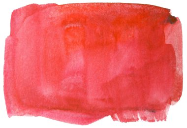 Beyaz arka planda kırmızı suluboya lekesi var. Kağıt üzerine fırçayla suyla çizilmiş. Kurumuş suluboya elementi.