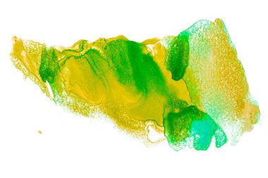 Soyut suluboya arkaplan resmi, akvaryum boyası serpiştirilmiş, beyaz üzerine izole edilmiş. yeşil ve sarı renkler