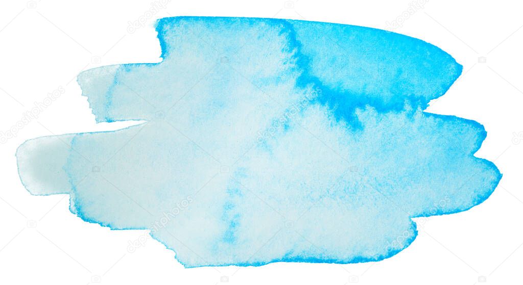 watercolor blue stain with paper texture on a white background. freehand paint stain for design element