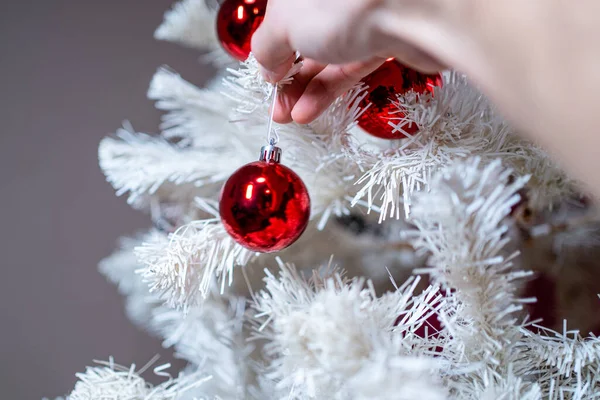 White Christmas Tree Red Balls Decorations — Stock Photo, Image