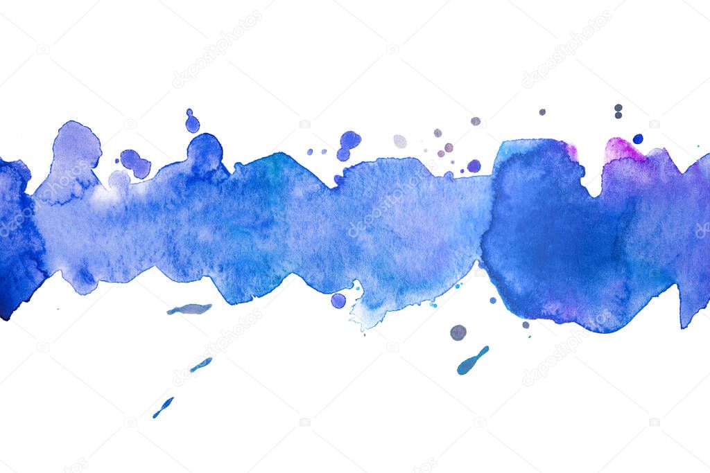watercolor blue stripe brushstroke postcard background for design on white textured paper. hand-drawn with abstract edges. with splashes, droplets, around